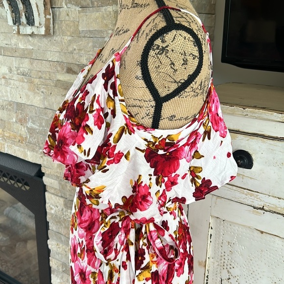 Bluivy Dreaming of Roses wrap front maxi dress pink white cold shoulder rayon - Picture 8 of 14